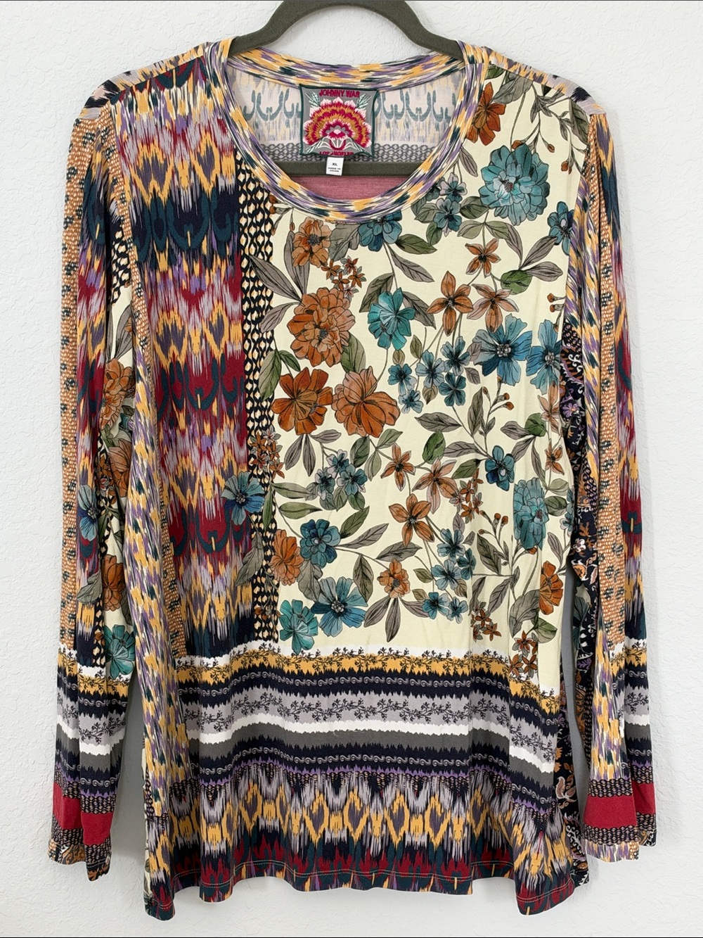 Johnny Was XL Mixed Print Floral Patchwork Long Sleeve Top Bamboo Blend Boho